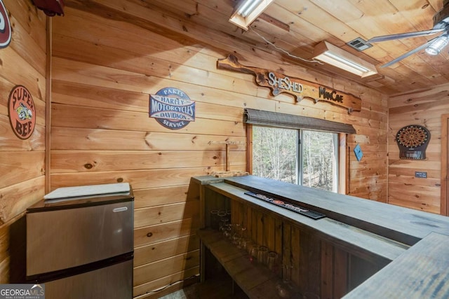 interior space featuring wood ceiling and wooden walls