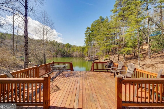 deck featuring a water view