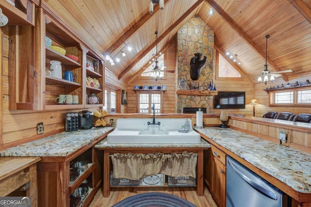 kitchen with wooden ceiling, stainless steel dishwasher, ceiling fan, and a sink