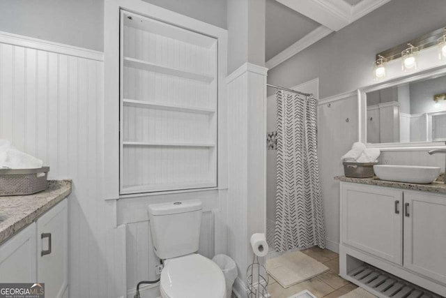 full bathroom featuring a shower with shower curtain, vanity, toilet, and tile patterned floors