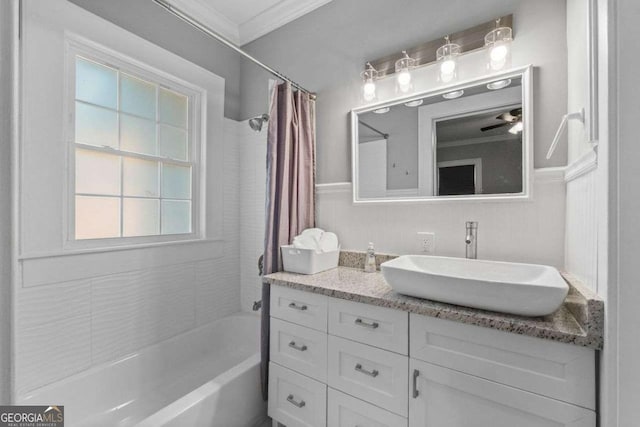 full bathroom with shower / bath combo, crown molding, and vanity