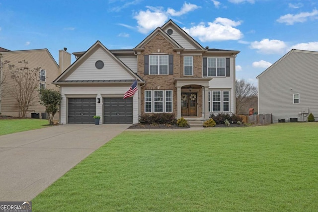 view of front of property featuring an attached garage, central air condition unit, brick siding, concrete driveway, and a front yard