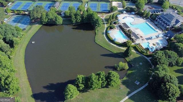 aerial view featuring a water view