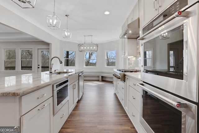 kitchen with appliances with stainless steel finishes, white cabinets, a sink, and ventilation hood