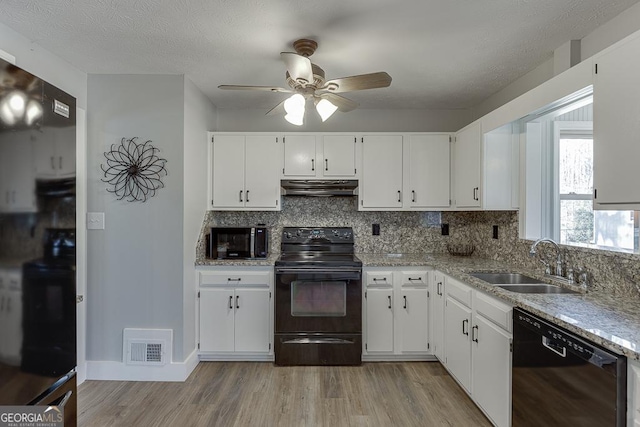 kitchen featuring under cabinet range hood, a sink, visible vents, black appliances, and tasteful backsplash