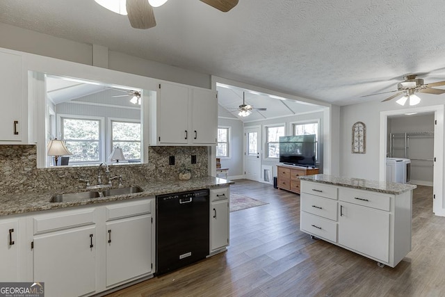 kitchen featuring tasteful backsplash, dishwasher, wood finished floors, vaulted ceiling, and a sink