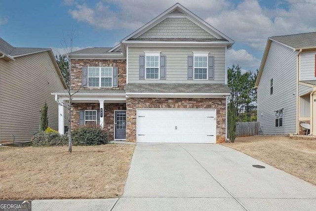 craftsman house featuring a garage, stone siding, and concrete driveway