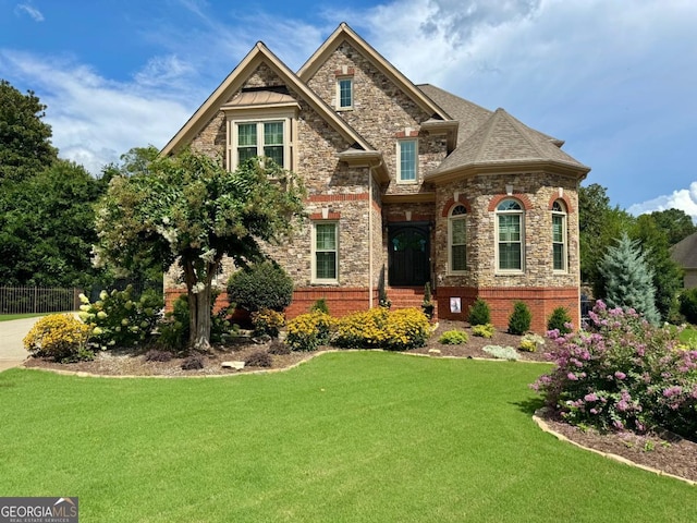 craftsman inspired home with stone siding, fence, a front lawn, and brick siding