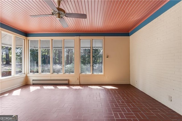 unfurnished sunroom featuring ceiling fan, wooden ceiling, a healthy amount of sunlight, and a baseboard radiator