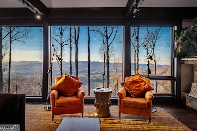 sunroom / solarium featuring a mountain view