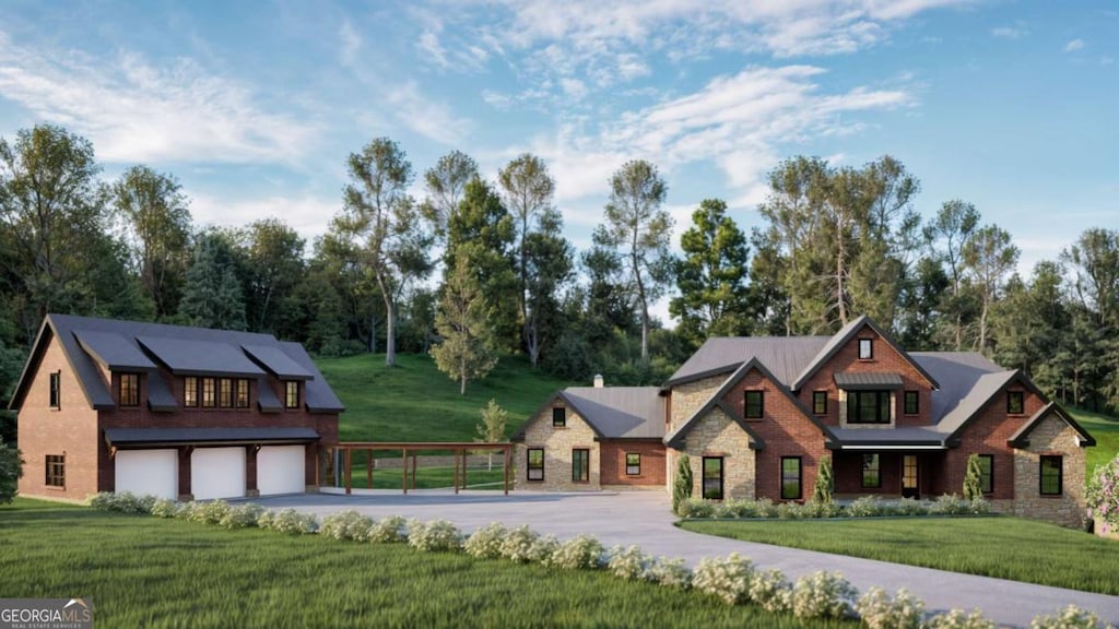 view of front of home with stone siding, aphalt driveway, an attached garage, roof mounted solar panels, and a front lawn