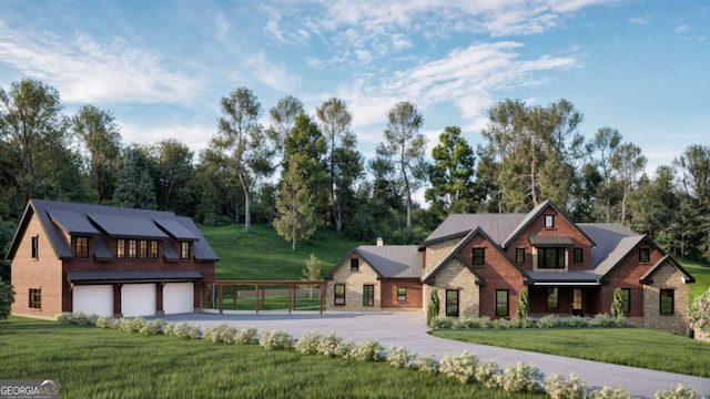 view of front of home with stone siding, aphalt driveway, an attached garage, roof mounted solar panels, and a front lawn