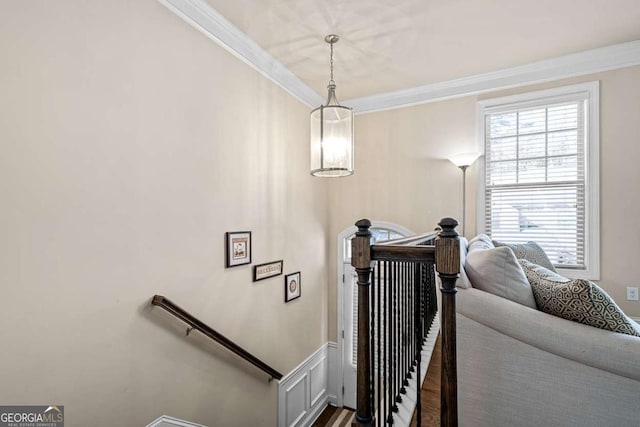 stairs featuring ornamental molding