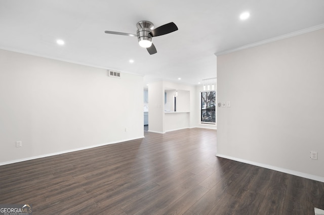 unfurnished living room with ceiling fan, recessed lighting, visible vents, ornamental molding, and dark wood finished floors