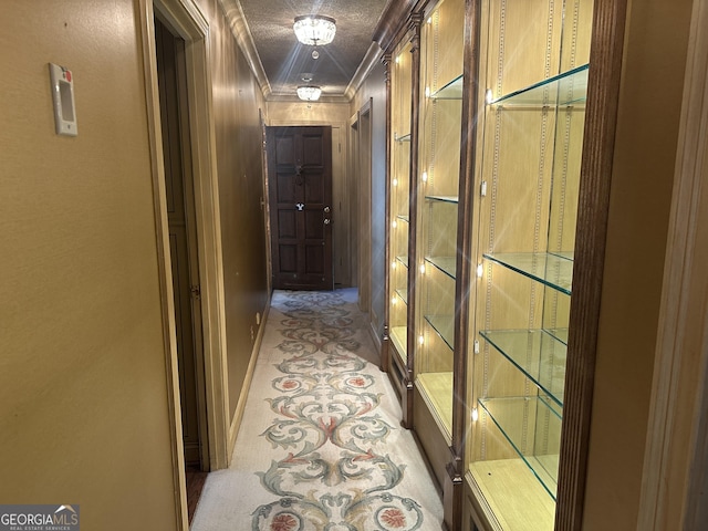 corridor with crown molding and a textured ceiling