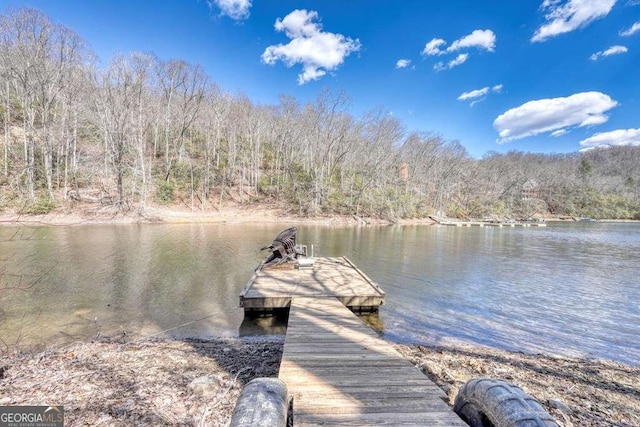 dock area featuring a forest view and a water view