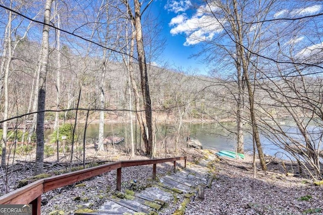 view of yard featuring a water view and a wooded view