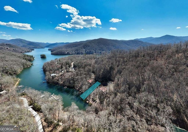 aerial view featuring a wooded view and a water and mountain view