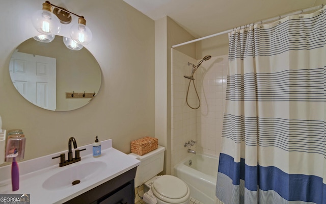 bathroom with toilet, shower / bathtub combination with curtain, and vanity