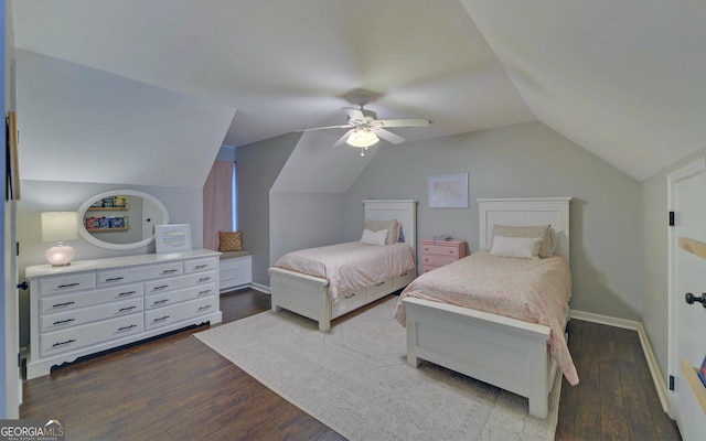 bedroom featuring lofted ceiling, ceiling fan, dark wood-type flooring, and baseboards