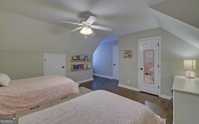 bedroom with lofted ceiling, wood-type flooring, a ceiling fan, and baseboards