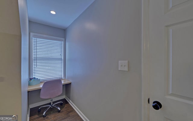 office featuring dark wood finished floors and baseboards