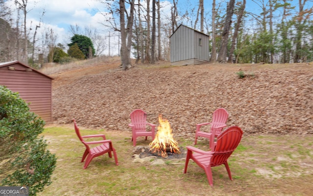 view of yard featuring an outdoor structure, a fire pit, and a storage unit