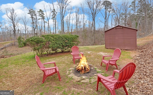 view of yard with an outbuilding and an outdoor fire pit