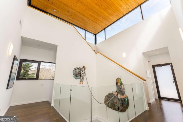 hallway featuring wood finished floors, a towering ceiling, and a healthy amount of sunlight