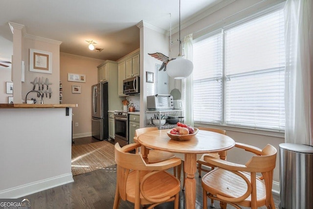 dining room featuring dark wood-style floors, ornamental molding, baseboards, and a healthy amount of sunlight