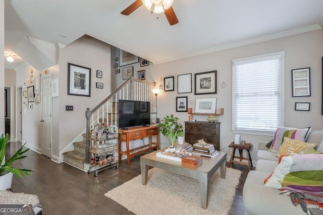 living area featuring ceiling fan, stairs, ornamental molding, and wood finished floors