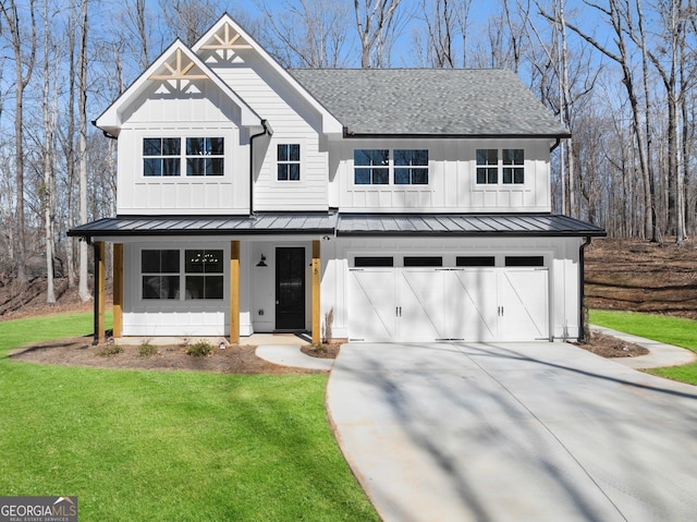 modern inspired farmhouse featuring a garage, roof with shingles, board and batten siding, a standing seam roof, and a front yard