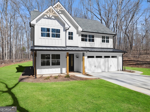 modern farmhouse style home featuring a shingled roof, an attached garage, a standing seam roof, a front lawn, and board and batten siding