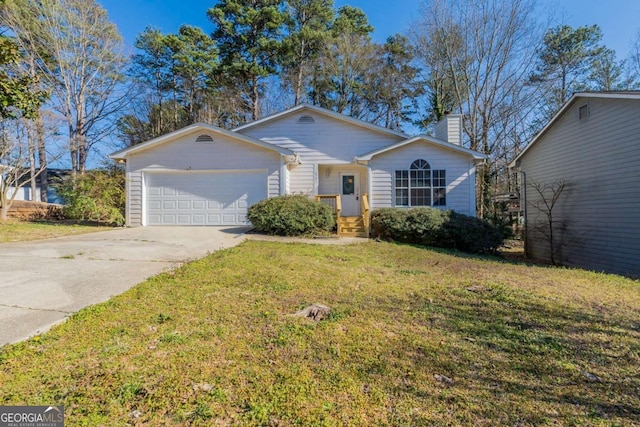 single story home featuring a garage, concrete driveway, a chimney, and a front yard