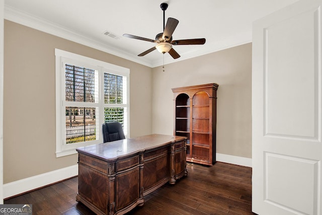 office area featuring dark wood-style flooring, visible vents, and crown molding