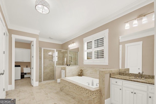 full bathroom featuring vanity, ornamental molding, a bath, a stall shower, and washer / dryer