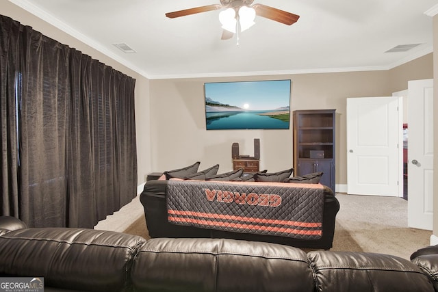 interior space with a ceiling fan, visible vents, and crown molding