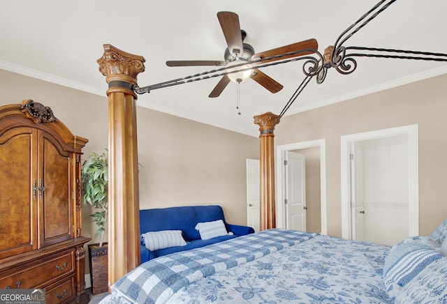 bedroom with a ceiling fan and crown molding