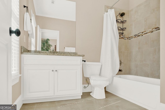 bathroom with toilet, tile patterned floors, shower / tub combo with curtain, and vanity