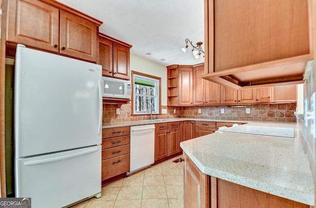 kitchen featuring light tile patterned floors, white appliances, backsplash, open shelves, and brown cabinetry