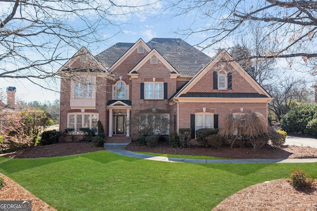 view of front facade featuring brick siding and a front yard