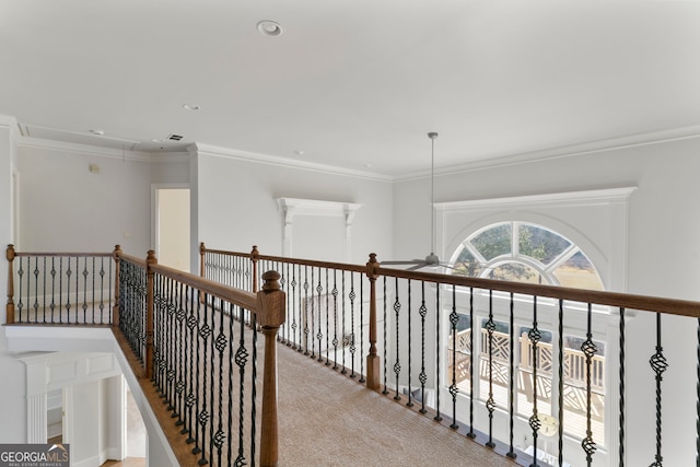 hallway featuring ornamental molding, carpet flooring, attic access, and recessed lighting