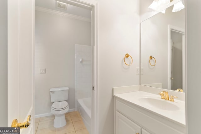 full bathroom with visible vents, toilet, tile patterned flooring, crown molding, and vanity