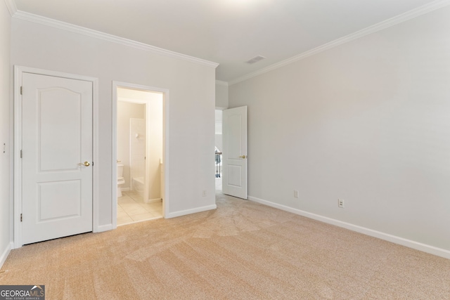 unfurnished bedroom featuring light carpet, baseboards, visible vents, and crown molding