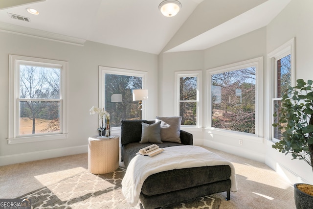 living area featuring carpet floors, lofted ceiling, recessed lighting, visible vents, and baseboards