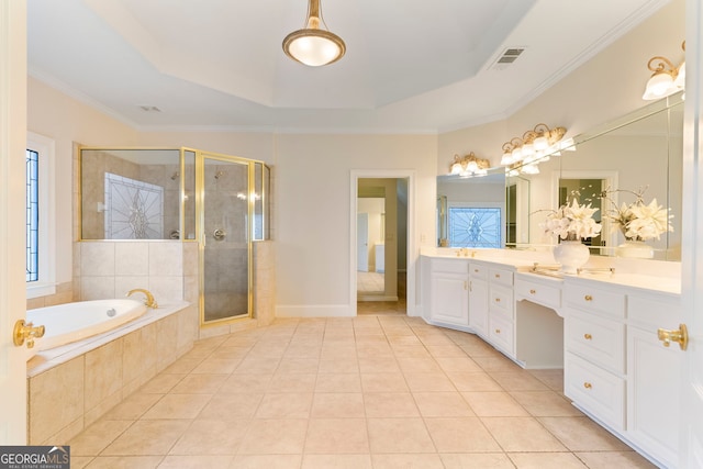 bathroom featuring a stall shower, tile patterned flooring, visible vents, and a bath