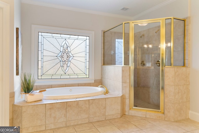 full bathroom featuring crown molding, visible vents, a shower stall, tile patterned flooring, and a bath