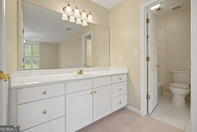 full bathroom with toilet, visible vents, and vanity