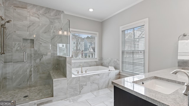 full bathroom with a garden tub, a sink, ornamental molding, double vanity, and a stall shower