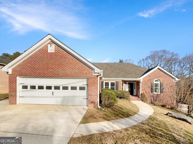 single story home featuring a shingled roof, concrete driveway, brick siding, and an attached garage